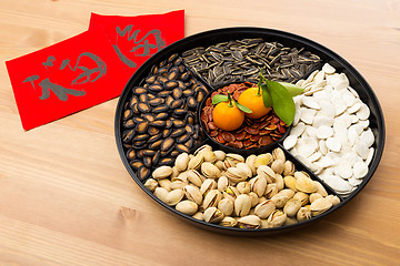 Image showing Lunar new year snack tray and chinese calligraphy, meaning for b