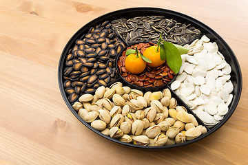 Image showing Chinese new year snack box and citrus fruit