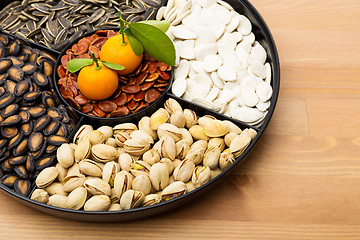 Image showing Chinese new year snack box and citrus fruit