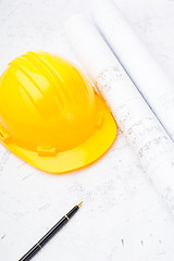 Image showing Construction drawing and safety helmet