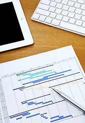 Image showing Project planning gantt chart with tablet and computer keyboard