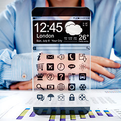 Image showing Smartphone with transparent screen in human hands.