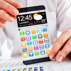 Image showing Smartphone with transparent screen in human hands.