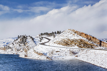 Image showing mountain lake and road in winter