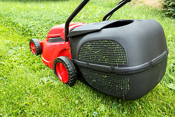 Image showing new lawnmower on green grass