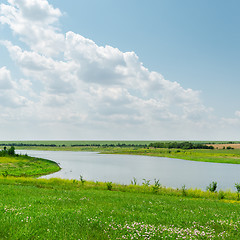 Image showing river with green grass and cloudy day