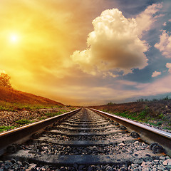 Image showing fantastic sunset over railroad to horizon