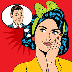 Image showing illustration of a woman who thinks a man in a pop art style, vec