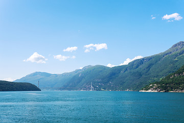 Image showing Remote view at the modern bridge over fjord