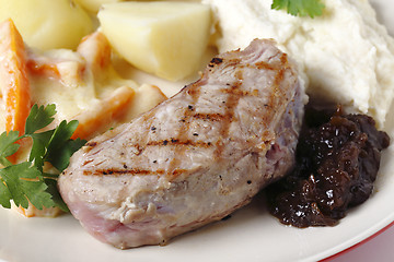 Image showing Veal steak with gourmet vegetables,