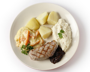 Image showing Veal steak with gourmet vegetables from above