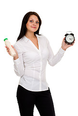 Image showing beautiful girl with yogurt and watches