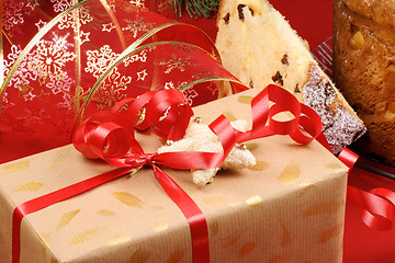 Image showing Christmas composition with present and panettone