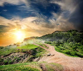 Image showing Fog over road in mountains