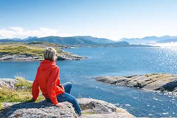 Image showing Woman enjoying view at fjord