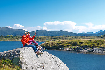 Image showing Two women tourists taking photo of themselves