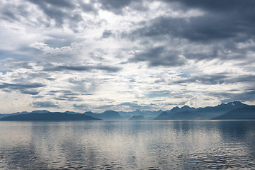 Image showing Fjord scene with dramatic cloudy sky