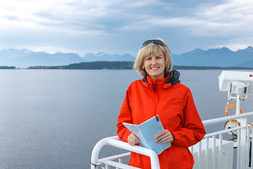 Image showing Woman tourist sailing on a sightseeing ferry boat