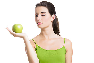 Image showing Healthy woman with a green apple