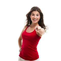 Image showing Beautiful woman pointing to somewhere