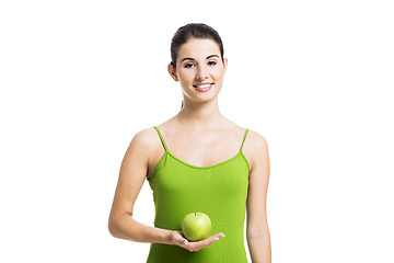 Image showing Healthy woman with a green apple