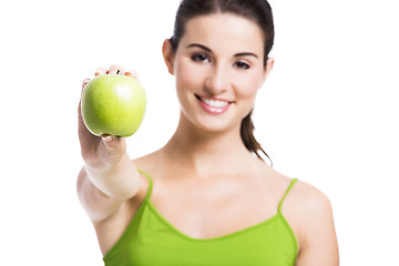 Image showing Healthy woman with a green apple