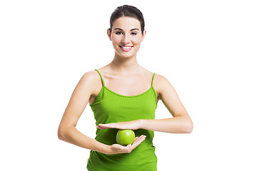 Image showing Healthy woman with a green apple