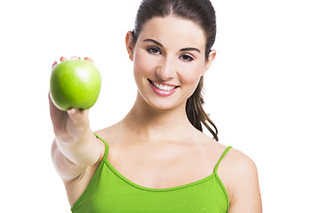 Image showing Healthy woman with a green apple