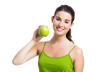 Image showing Healthy woman with a green apple