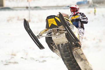 Image showing Sport snowmobile jump