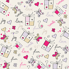 Image showing hand draw texture - seamless pattern with hearts, gifts, butterf