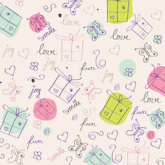 Image showing hand draw texture - seamless pattern with hearts, gifts, butterf