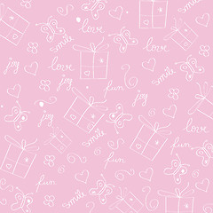 Image showing hand draw texture - seamless pattern with hearts, gifts, butterf