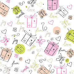 Image showing hand draw texture - seamless pattern with hearts, gifts, butterf