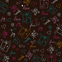 Image showing hand draw texture - seamless pattern with hearts, gifts, butterf