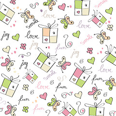 Image showing hand draw texture - seamless pattern with hearts, gifts, butterf