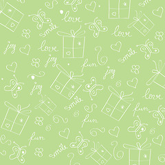 Image showing hand draw texture - seamless pattern with hearts, gifts, butterf