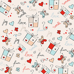 Image showing hand draw texture - seamless pattern with hearts, gifts, butterf