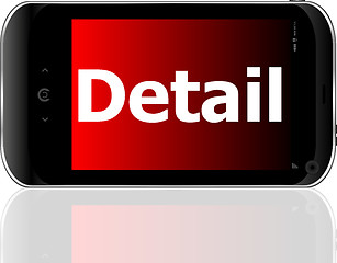 Image showing Marketing concept: smartphone with text detail on display. Mobile smart phone on White background