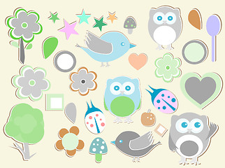 Image showing Set of birthday party elements with cute owls