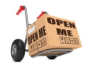 Image showing Open Me - Cardboard Box on Hand Truck.