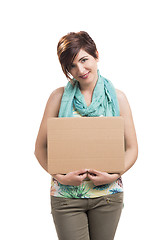 Image showing Beautiful woman with a cardboard