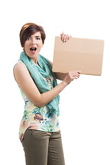 Image showing Beautiful woman with a cardboard