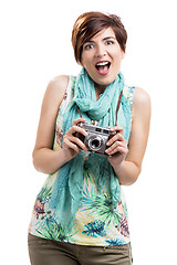 Image showing Woman with a vintage camera