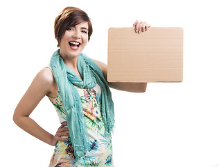 Image showing Happy woman with a cardboard