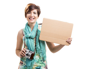 Image showing Woman with a vintage camera and a cardboard