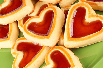 Image showing Heart shaped cherry jam cookies