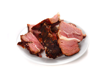 Image showing smoked meat on the white plate