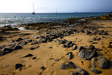 Image showing coastline rock beach  water boat yacht 