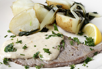 Image showing Veal escalope with gravy and potatoes